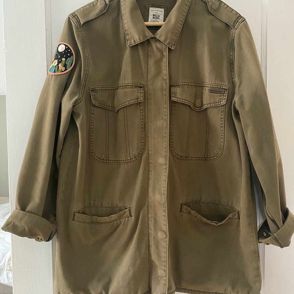 Billabong olive green military jacket with added patch